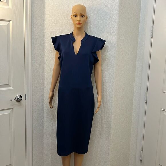 New York & Company Dresses & Skirts - New York & Company Dress Large V Neck Flutter Sleeve Midi Navy Blue Zipper Back